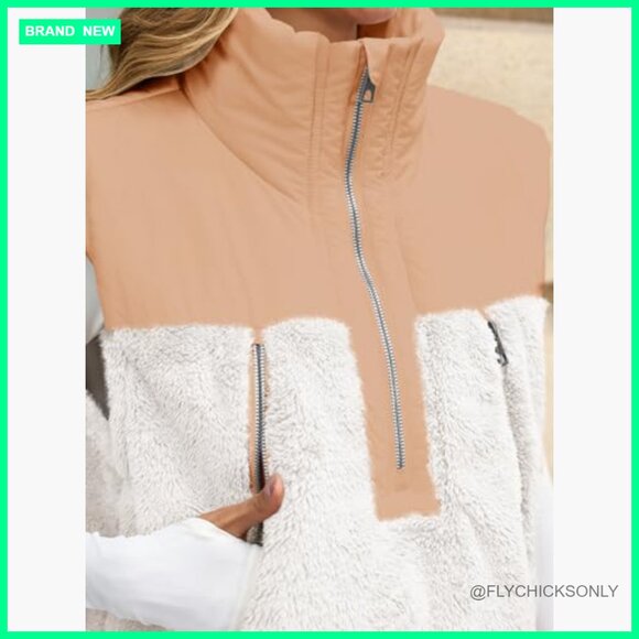 Cropped Fleece Sherpa Vest with Half Zipper and Pockets - Picture 3 of 7